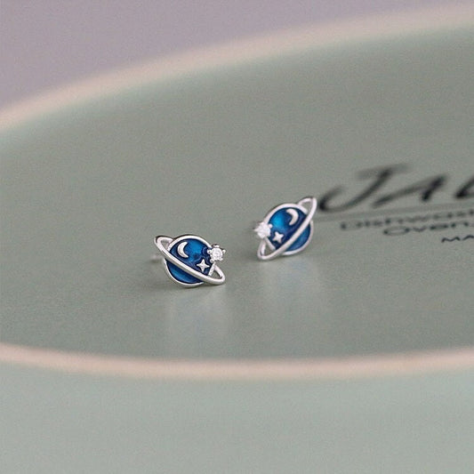 Sterling Silver Blue Planet Stud Earrings, Lovely Star & Crescent Moon Earrings, Silver Saturn Stud Earrings, Sold by Pair, Gift for Her E28