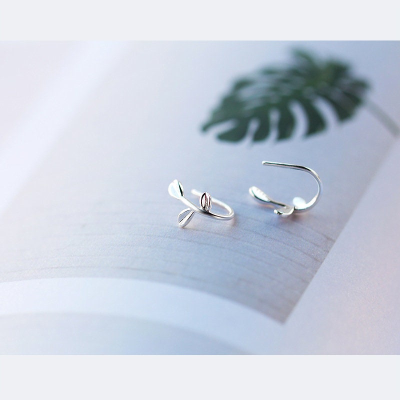 Sterling Silver Leaves Hook Earrings, Dainty Leaves Ear Crawler, Pretty Leaves Ear Cuff,  Skinny Leaf/Plant Earrings, Gifts for Her, E105