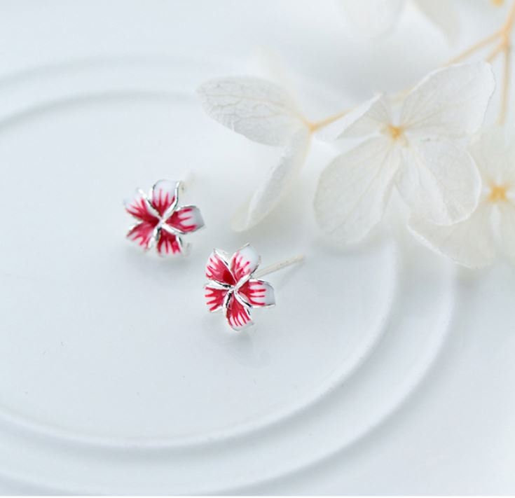 Sterling Silver Peach Blossom Stud Earrings, Red Peach Blossom Earrings, Silver Flower/Plant Studs, Pretty and Modern Style Earrings, E106