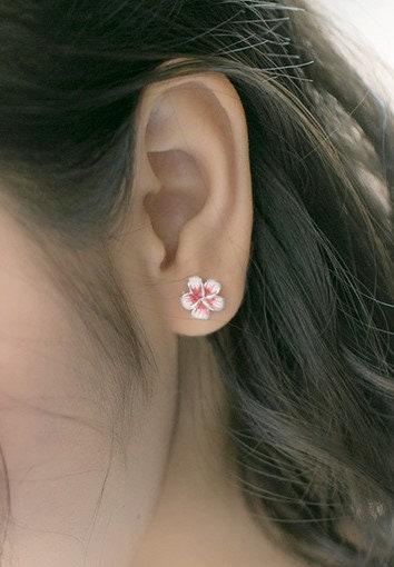 Sterling Silver Peach Blossom Stud Earrings, Red Peach Blossom Earrings, Silver Flower/Plant Studs, Pretty and Modern Style Earrings, E106