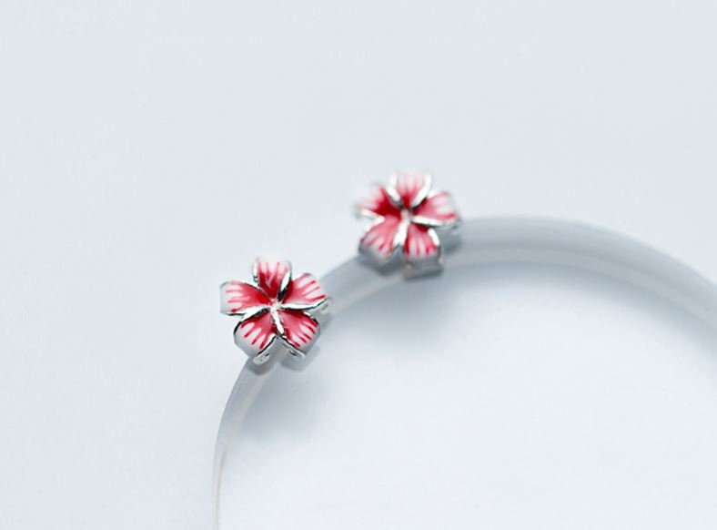 Sterling Silver Peach Blossom Stud Earrings, Red Peach Blossom Earrings, Silver Flower/Plant Studs, Pretty and Modern Style Earrings, E106