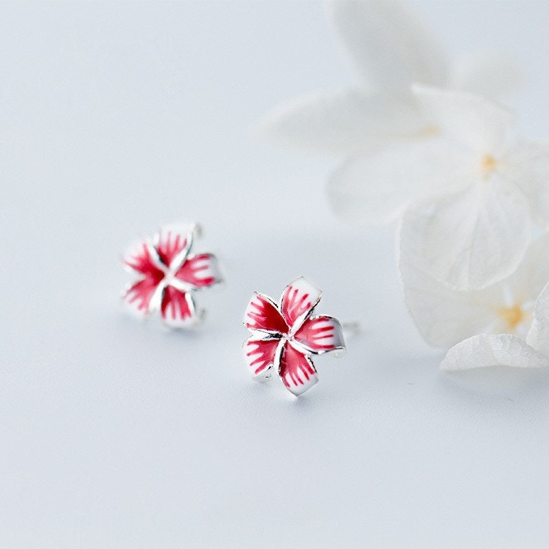 Sterling Silver Peach Blossom Stud Earrings, Red Peach Blossom Earrings, Silver Flower/Plant Studs, Pretty and Modern Style Earrings, E106