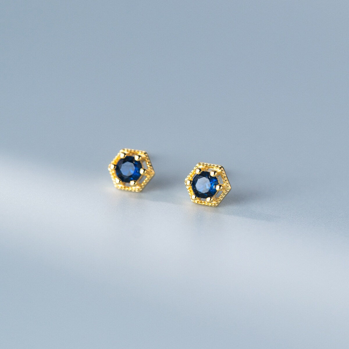 Sterling Silver Hexagon Sapphire CZ Stud Earrings, Dainty Blue Sapphire Crystal Studs, Pretty Geomestry Earrings, Silver or Gold, Gift, E108