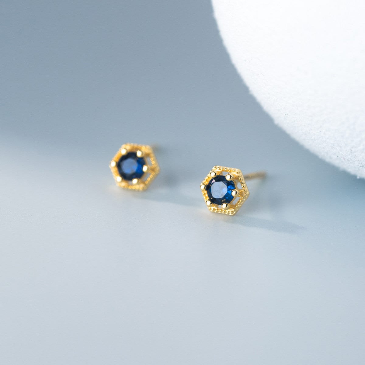 Sterling Silver Hexagon Sapphire CZ Stud Earrings, Dainty Blue Sapphire Crystal Studs, Pretty Geomestry Earrings, Silver or Gold, Gift, E108