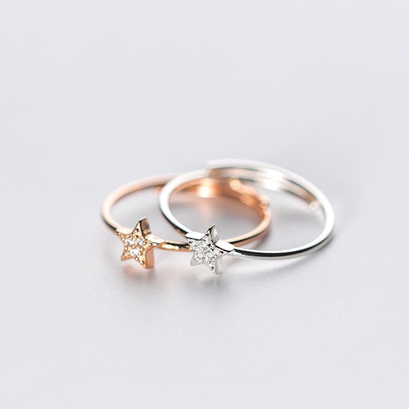 925 Silver CZ Star Adjustable Ring, Dainty Star Open Size Ring, CZ Star Ring, Rose Gold Ring, Gift for Her, Christmas/Holiday Gift, R02