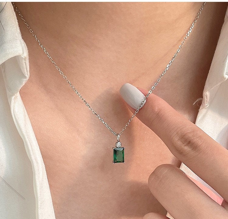 925 Silver Baguette Emerald CZ Necklace, 14k Gold Plated Sterling Silver Rectangle Emerald Necklace, Two Color Available, Gifts for Her, N13