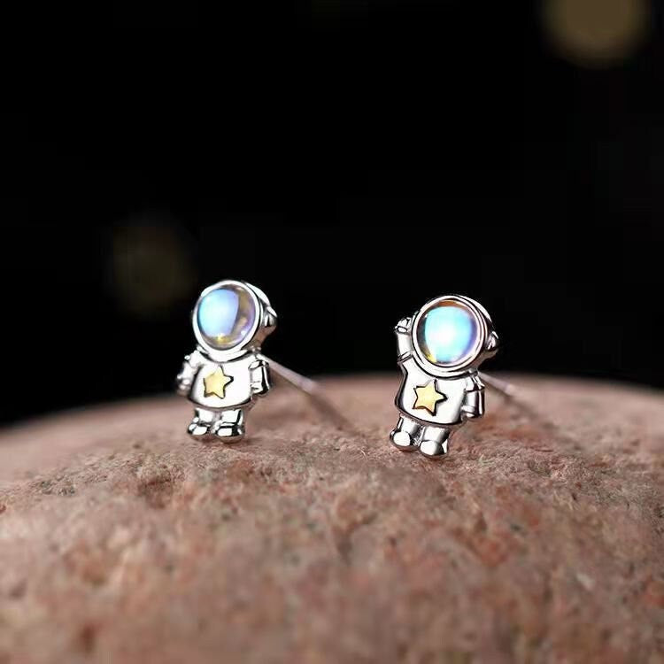 Sterling Silver Astronomy Astronaut Stud Earrings, Simulated Moonstone Spaceman Style Earrings, Statement Cosmo Earrings, Unique Design E116