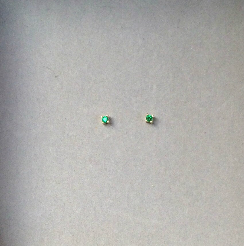 1 Pair | 14k Gold Plated 925 Silver Tiny Emerald CZ Stud Earrings, Gold Emerald Crystal Earrings, Tiny Studs, Tragus/Cartilage Earrings, E40