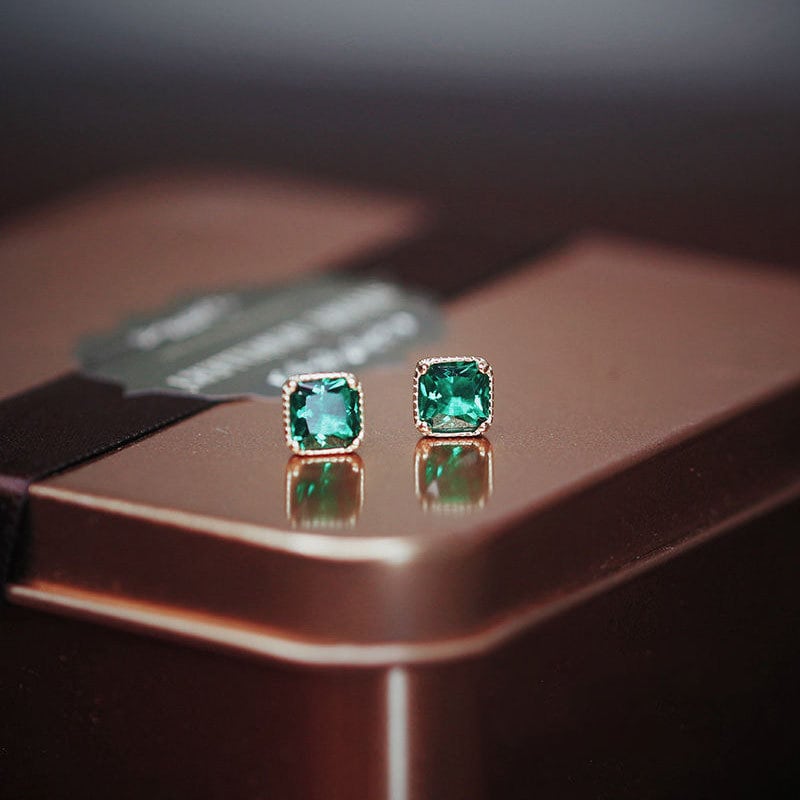 Dainty Tiny Emerald CZ Earrings, Gold Small Emerald CZ Earring,14k Gold Plated 925 Silver Green CZ Stud Earrings, Gifts for Her, E42