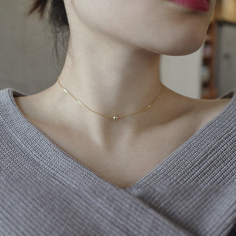 14k Gold Plated 925 Silver Ball Necklace, Gold Ball Necklace, Gold Sphere Necklace, Dainty Ball Choker, Layering Necklace, Minimalist, N17