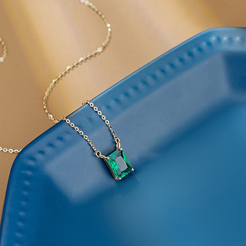 Dainty Baguette Emerald CZ Necklace, 14k Gold Plated Sterling Silver Rectangle Emerald Green CZ Necklace, Timeless and Modern Design, N18