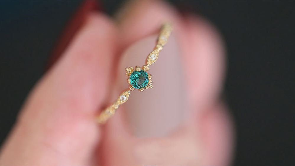 14k Gold Plated 925 Silver Dainty Emerald CZ Adjustable Ring, Simulated Emerald & Sparkly CZ Open Size Ring, Skinny Pretty Open Ring, R05