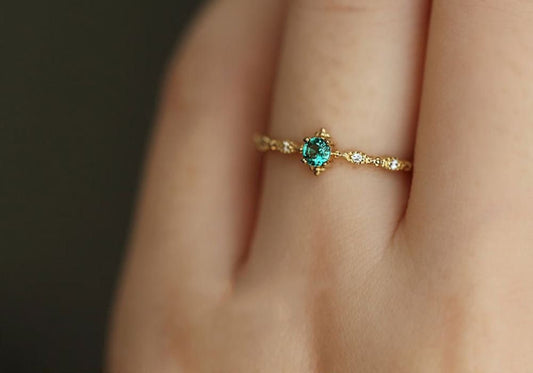 14k Gold Plated 925 Silver Dainty Emerald CZ Adjustable Ring, Simulated Emerald & Sparkly CZ Open Size Ring, Skinny Pretty Open Ring, R05