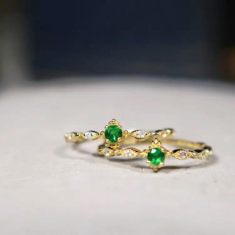 14k Gold Plated 925 Silver Dainty Emerald CZ Adjustable Ring, Simulated Emerald & Sparkly CZ Open Size Ring, Skinny Pretty Open Ring, R05