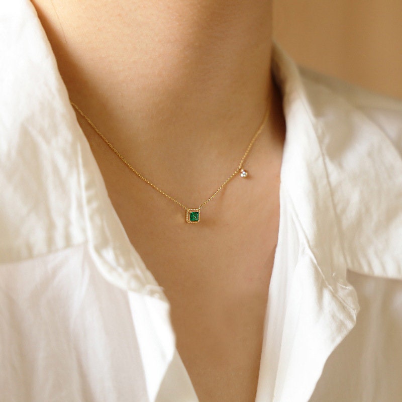 14k Gold Plated Sterling Silver Square Emerald CZ Necklace, Green Emerald CZ Choker Features tiny Round CZ, Wedding Jewelry, Gifts for Her