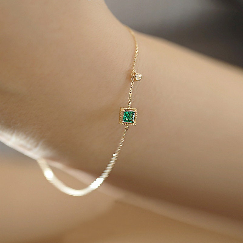 14k Gold Plated Sterling Silver Square Emerald CZ Necklace, Green Emerald CZ Choker Features tiny Round CZ, Wedding Jewelry, Gifts for Her