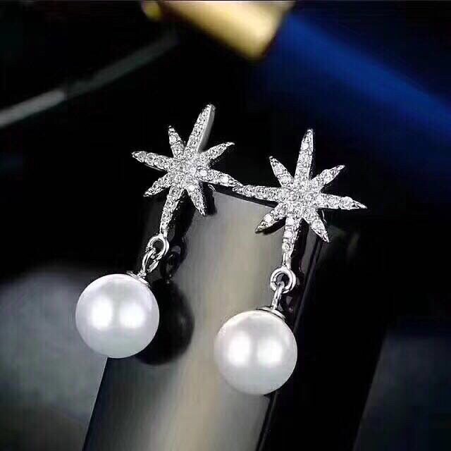 Sterling Silber Starburst mit Perlen Tropfen &amp; Ohrhänger, Nordstern Perlen Tropfen Ohrringe, Perlen Ohrringe, Geschenk für Sie, E49