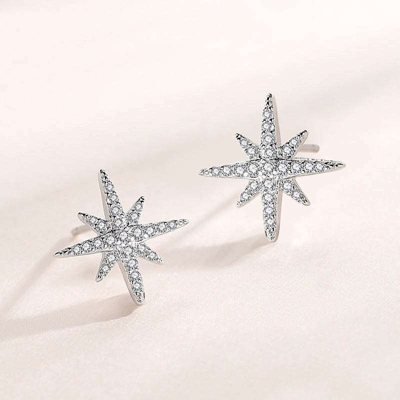 1 Pair | Sterling Silver Starburst Stud Earrings, Sparkly North Star Earrings, Silver or Rose Gold, Pretty and Modern Style, Gifts, E51