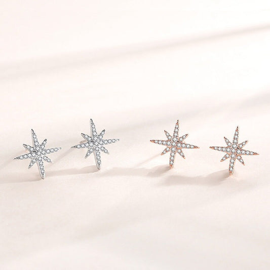 1 Pair | Sterling Silver Starburst Stud Earrings, Sparkly North Star Earrings, Silver or Rose Gold, Pretty and Modern Style, Gifts, E51