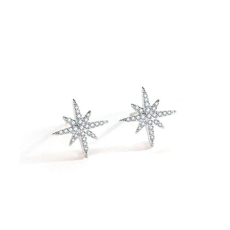 1 Pair | Sterling Silver Starburst Stud Earrings, Sparkly North Star Earrings, Silver or Rose Gold, Pretty and Modern Style, Gifts, E51