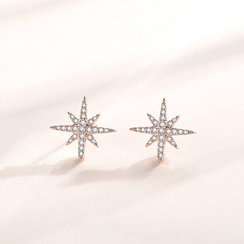 1 Pair | Sterling Silver Starburst Stud Earrings, Sparkly North Star Earrings, Silver or Rose Gold, Pretty and Modern Style, Gifts, E51