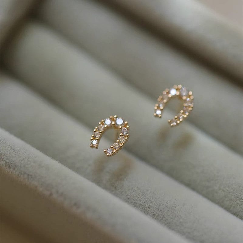 1 Pair | 14K Gold Plated Sterling Silver Horseshoe Stud Earrings, Small U Shape Sparkly CZ Studs, Tragus/Cartilage Studs, Gifts for Her, E52