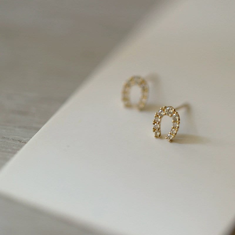 1 Pair | 14K Gold Plated Sterling Silver Horseshoe Stud Earrings, Small U Shape Sparkly CZ Studs, Tragus/Cartilage Studs, Gifts for Her, E52