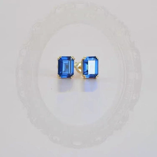 1 Pair Gold Plated 925 Silver Rectangle Sapphire CZ Stud Earrings, Dainty Classic Blue Crystal CZ Earrings, Gifts for Her, E54