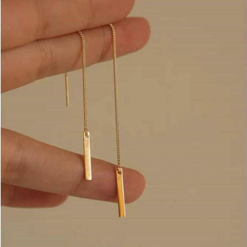 1 Pair | 14k Gold Plated 925 Silver Threader Drop/Dangle Earrings, Gold Tassel Earrings, Rectangle Drop Threader Earrings, Long Earring, E56