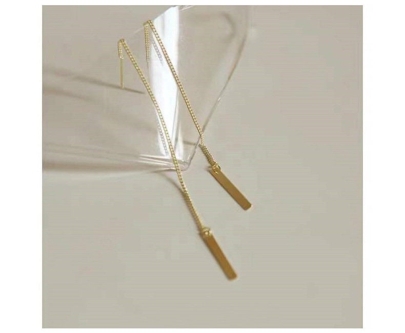 1 Pair | 14k Gold Plated 925 Silver Threader Drop/Dangle Earrings, Gold Tassel Earrings, Rectangle Drop Threader Earrings, Long Earring, E56