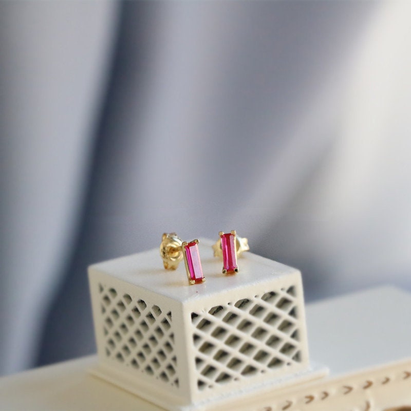 14k Gold Plated Sterling Silver Rectangle Ruby CZ Earrings, Minimalist Simulated Ruby Studs, Geometry Studs, Pink Earring, Helix Studs, E58