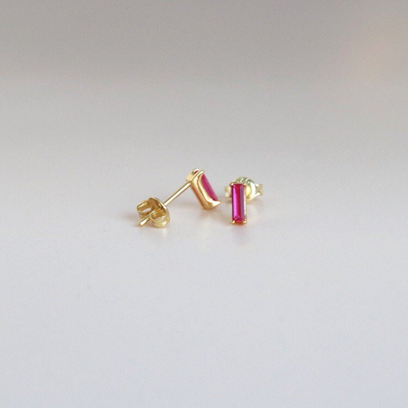 14k Gold Plated Sterling Silver Rectangle Ruby CZ Earrings, Minimalist Simulated Ruby Studs, Geometry Studs, Pink Earring, Helix Studs, E58