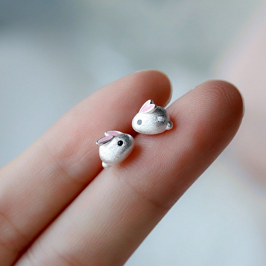 1 Pair | Sterling Silver Cute Bunny Stud Earrings, Sweet Little Bunny Earring, Silver Rabbit Stud Earrings, Small Lovely Animal Studs, E59