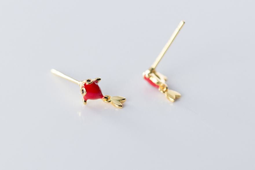 14k Gold Plated 925 Silver Tiny Goldfish Earrings, Red Goldfish Studs, Cute Animal Studs, Adorable Fish Stud Earrings, Gift for her, E118