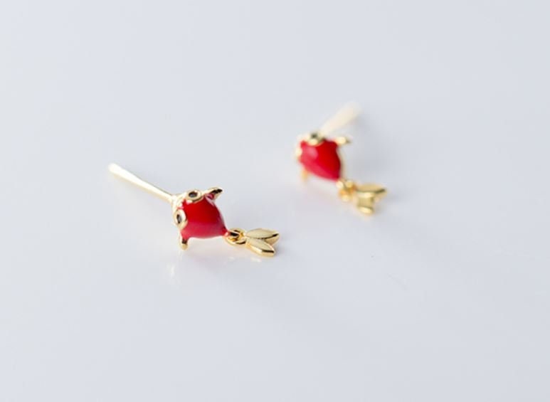 14k Gold Plated 925 Silver Tiny Goldfish Earrings, Red Goldfish Studs, Cute Animal Studs, Adorable Fish Stud Earrings, Gift for her, E118