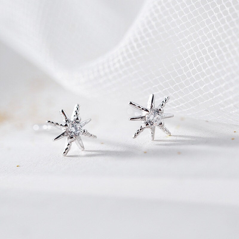 Sterling Silver Tiny North Star Stud Earrings, Dainty CZ Starburst Studs, Snowflake Stud Earrings, Silver or Gold, Gifts for Her, E68