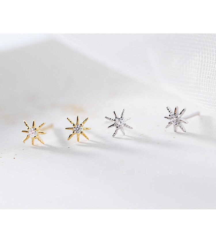 Sterling Silver Tiny North Star Stud Earrings, Dainty CZ Starburst Studs, Snowflake Stud Earrings, Silver or Gold, Gifts for Her, E68