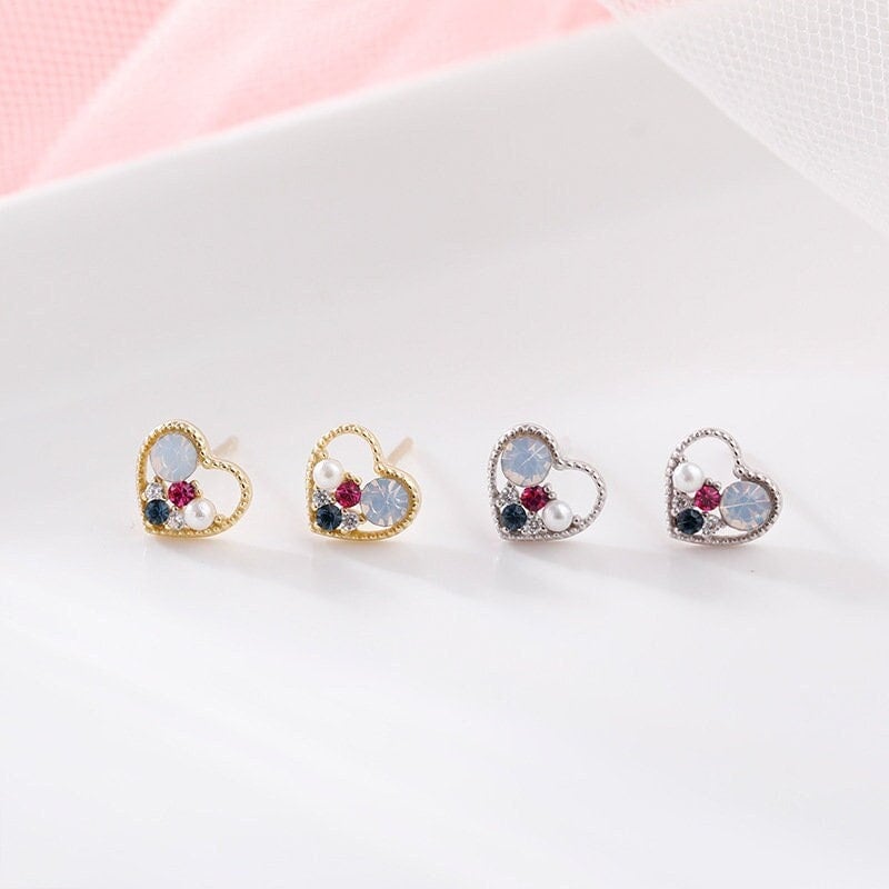 S925 Silver Dainty Heart Stud Earrings, Dainty Colorful CZ Heart Earring, Pretty and Sweet Design, Silver or Gold, Gifts for Her, E121