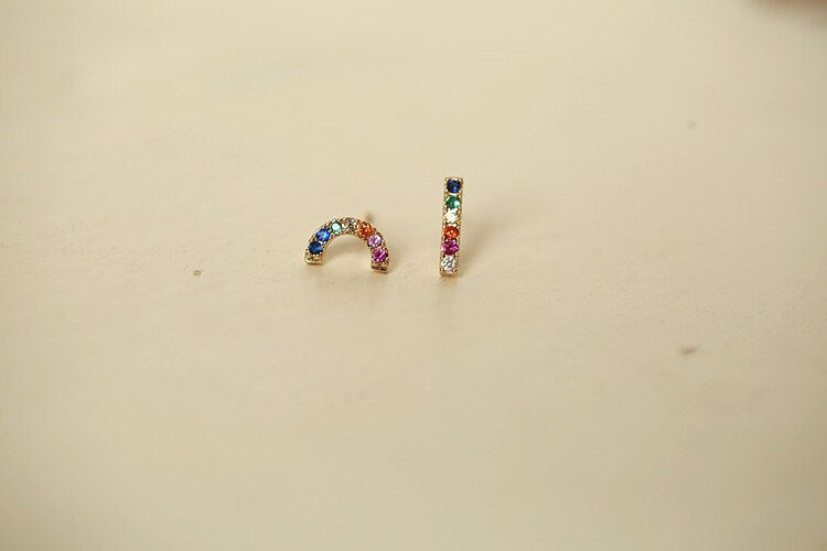 1 Pair | Gold Plated 925 Silver Mismatched Rainbow Stud Earrings, Pretty Colorful Rainbow Earrings, Colorful Stone Sparkly Studs, Gifts