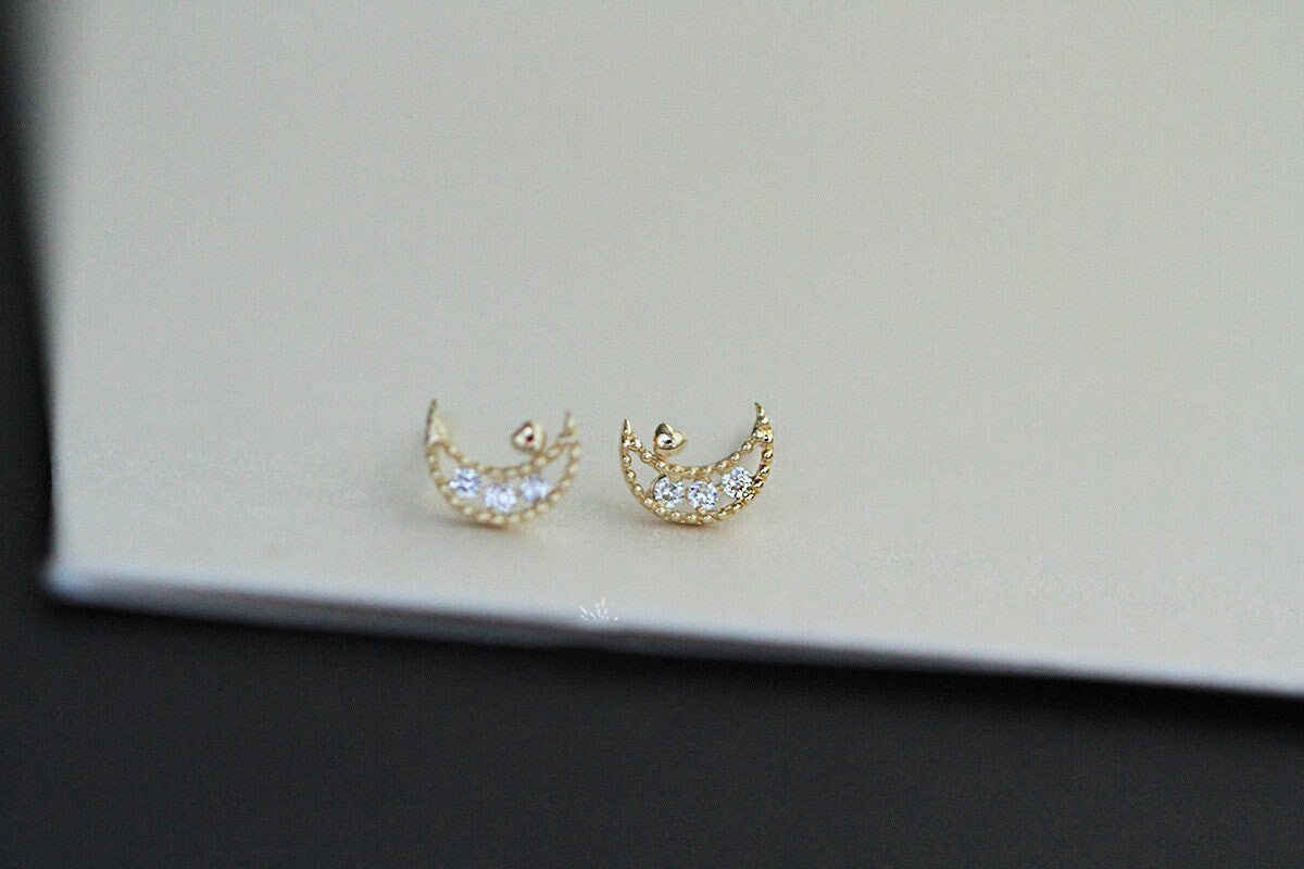 14k Gold Plated Sterling Silver Crescent Moon CZ Stud Earrings, Crescent Moon Features Tiny Heart Studs, Minimalist Moon Studs, Gifts, E78