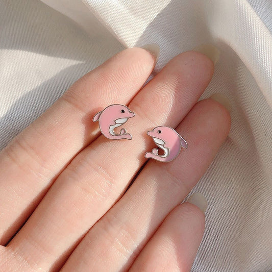 Sterling Silver Pink Dolphin Earrings, Adorable Animal Stud Earrings, Lovely Aniaml Design, Minimalist Earrings, Gift for Girls, E122