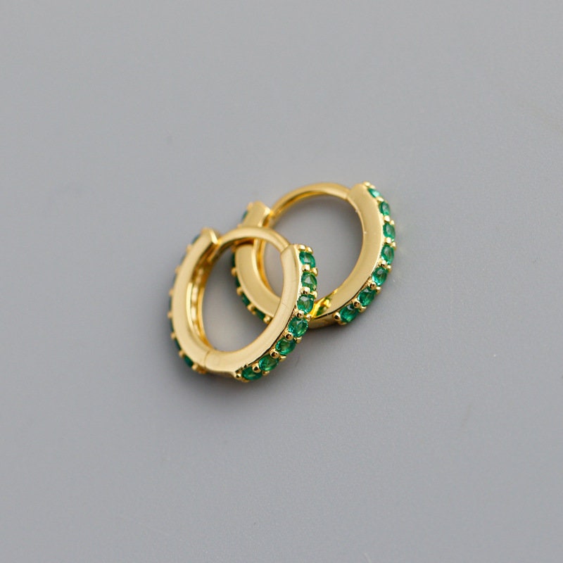 18k Gold Plated 925 Silver Emerald CZ Small  Hoop Earrings, Dainty Emerald Green CZ Hoop Earring, Classic Design, E85