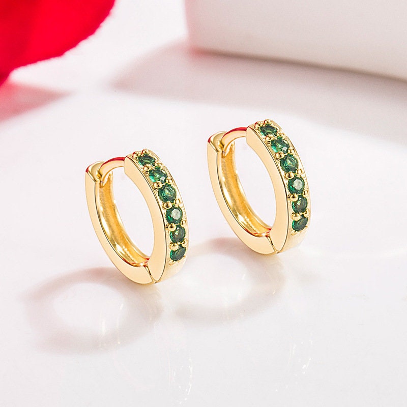 18k Gold Plated 925 Silver Emerald CZ Small  Hoop Earrings, Dainty Emerald Green CZ Hoop Earring, Classic Design, E85