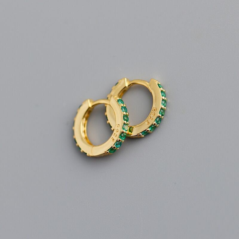 18k Gold Plated 925 Silver Emerald CZ Small  Hoop Earrings, Dainty Emerald Green CZ Hoop Earring, Classic Design, E85