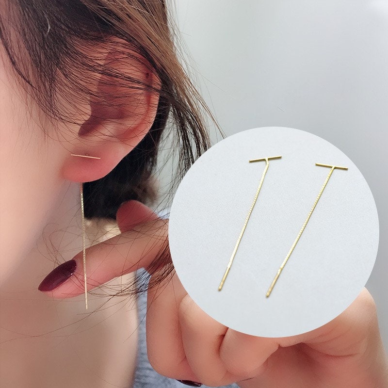 Gold Plated Sterling Silver Bar Threader Drop & Dangle Earrings, Dainty Line Tassel Dangle Earrings, Modern Design, Silver or Gold, E126