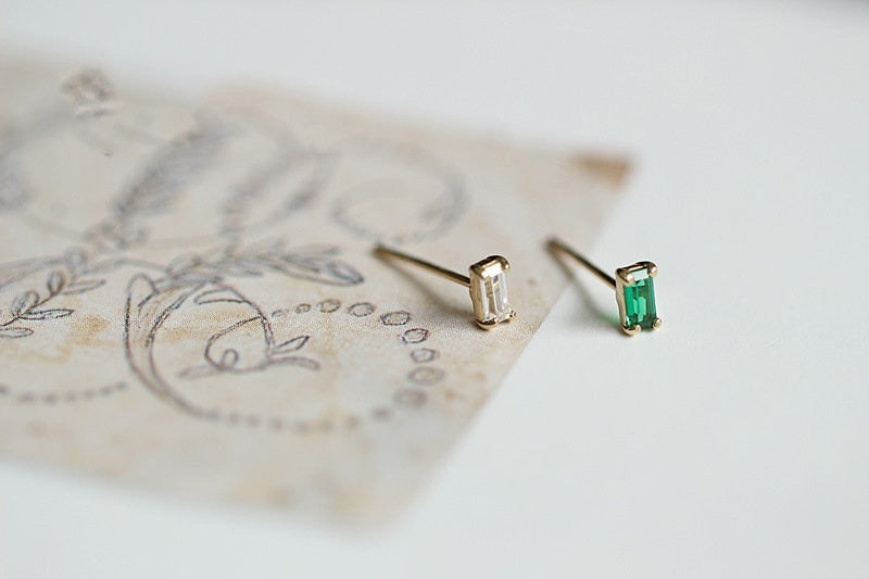 Tiny Rectangle Emerald CZ Earrings, 14k Gold on S925 Silver Emerald CZ Studs, Minimalist Emerald Earring, Tragus/Helix Studs, Gifts  E135