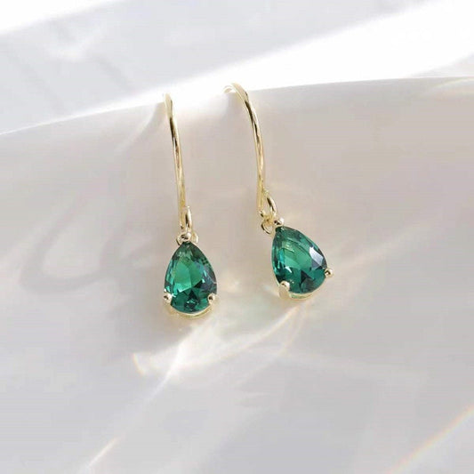 1 Pair | Emerald Crystal Waterdrop Hook Dangle Earrings, Gold Plated 925 Silver Droplet Emerald Drop & Dangle Earrings, Pretty Earring, E128