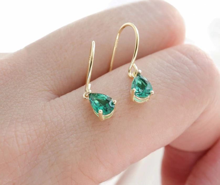 1 Pair | Emerald Crystal Waterdrop Hook Dangle Earrings, Gold Plated 925 Silver Droplet Emerald Drop & Dangle Earrings, Pretty Earring, E128