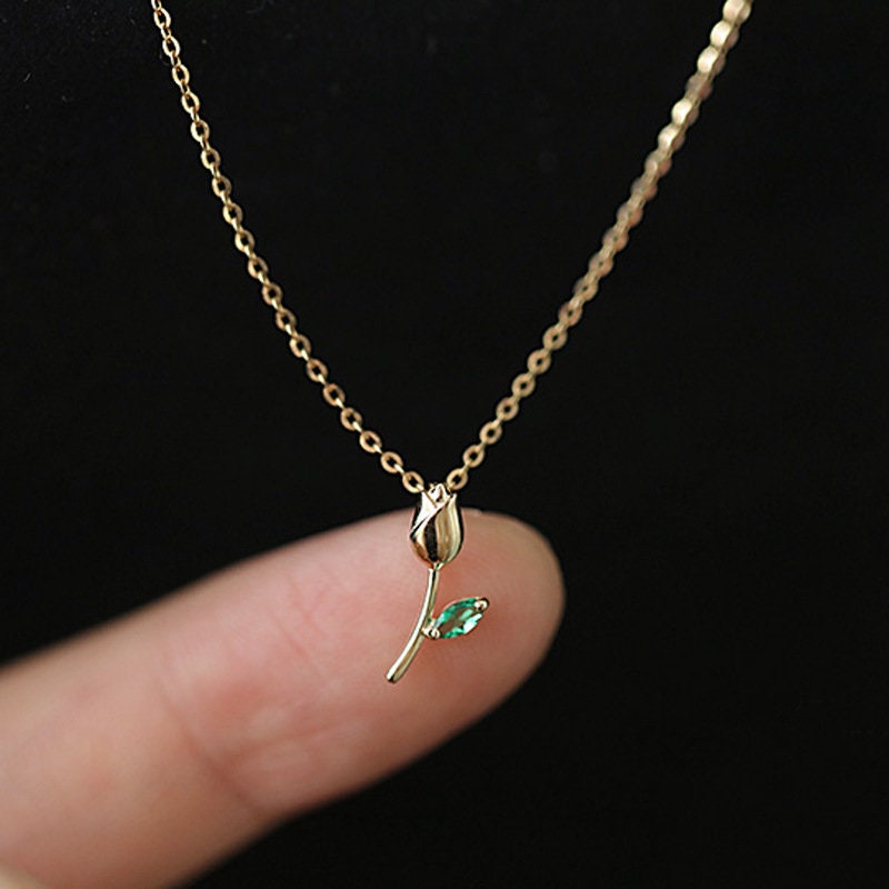 Gold Plated Sterling Silver Pretty Tulip Necklace, Emerald CZ Tulip Necklace, Dainty Green Leaves Tulip Necklace, Pretty & Sweet Design, N23