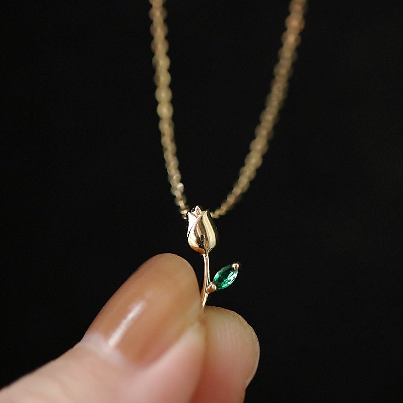 Gold Plated Sterling Silver Pretty Tulip Necklace, Emerald CZ Tulip Necklace, Dainty Green Leaves Tulip Necklace, Pretty & Sweet Design, N23